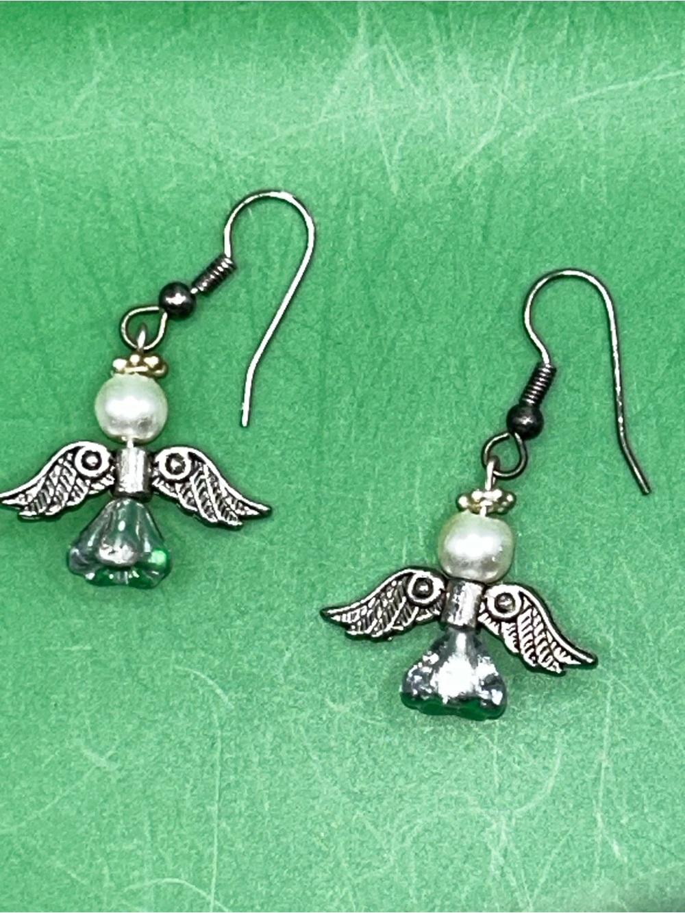 Green Angel Dangle Earrings with Pearl Accent